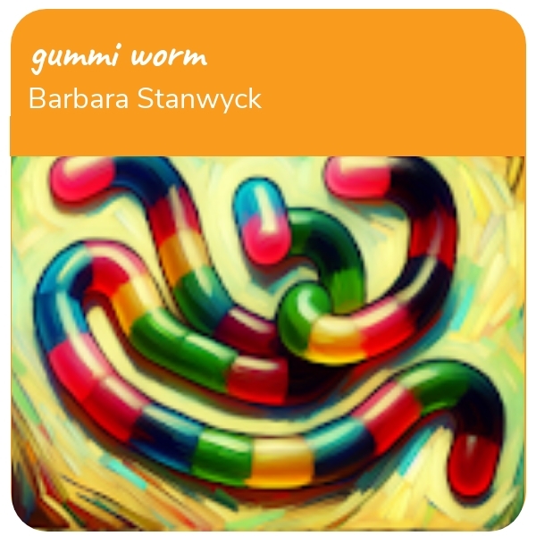 AI Art: gummi worm based on Barbara Stanwyck